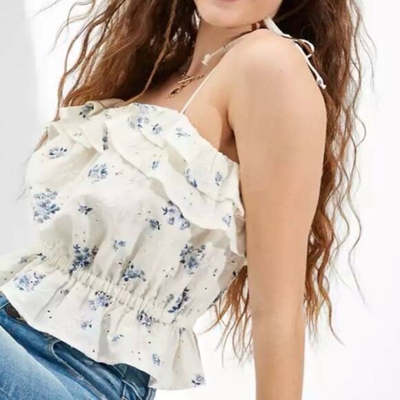 American Eagle Linen Floral Ruffle Crop Tie Strap Top White Blue Small - Picture 1 of 9